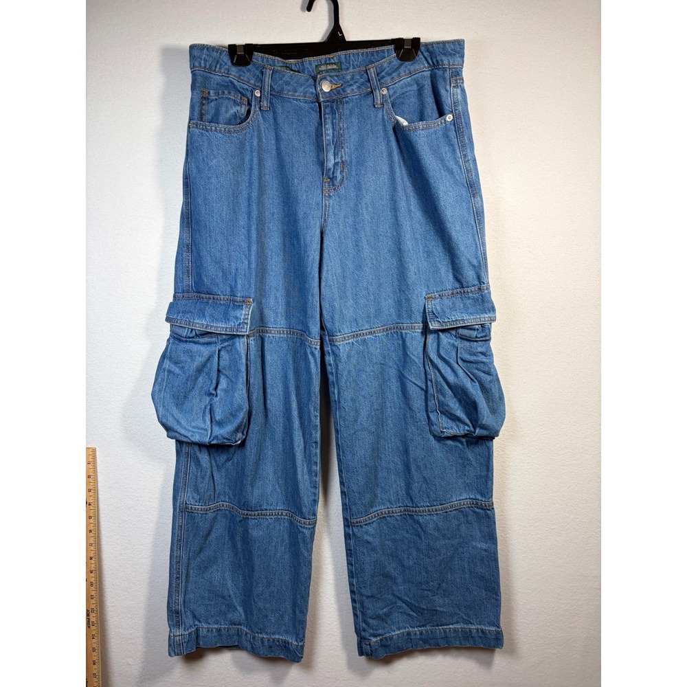Wild Fable Cargo Jeans Women 12 Blue Excellent Wide Leg Baggy Utility Denim